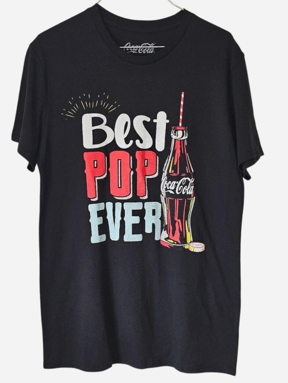 COCA-COLA Black T-shirt With Multicolor "Best Pop Ever" Graphic. Sz M